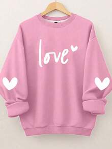 EMERY ROSE Plus Size Women's Love Letter Heart-Shaped Pattern Printed Round Neck Sweatshirts,Valentine Fall Cloth For Women Winter Autumn - Pink - View 1