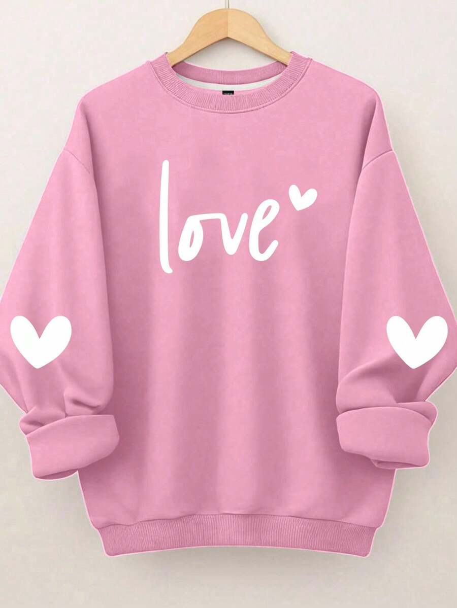 EMERY ROSE Plus Size Women's Love Letter Heart-Shaped Pattern Printed Round Neck Sweatshirts,Valentine Fall Cloth For Women Winter Autumn - Pink - View 1