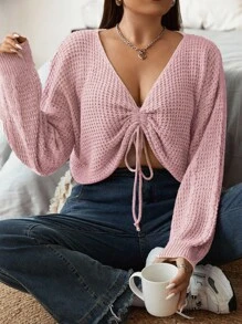 Vionelle Plus Size Casual Solid Color Drawstring Pullover Sweater Fall Winter Cloth For Women Autumn