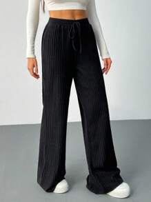 SHEIN Tall Pantalones anchos de pierna ancha con cinturón de unicolor, pantalones cargo casuales y sueltos para mujer - Negro - Ver 6