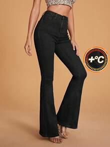 SHEIN Frenchy Quần jeans ống loe dáng ôm, màu trơn, đơn giản, thu/đông - màu đen - Xem 5