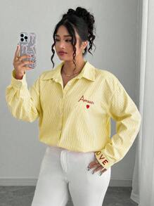 Elenzga Plus Size Women's French Striped Embroidered Heart Blouse Fall Cloth For Women Women Button Up Shirt Amour Shirt Yellow Striped Shirt Women Heart Shirt Love Shirt - Yellow - View 6