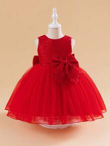 Glamorique Kids Christmas Young Girl Dresses, Party Dresses, New Year's Dresses, Christmas Children's Dance Dresses, Little Girl Princess Dresses, Red Sequined Pearl Dresses, Red Tulle Tutu Dresses, Dresses With Large Bows At The Back, Stage Performance Dresses, Middle Eastern-Style All-Season Dresses, Birthday Party Dresses, Carnival Dresses. - Red - View 2