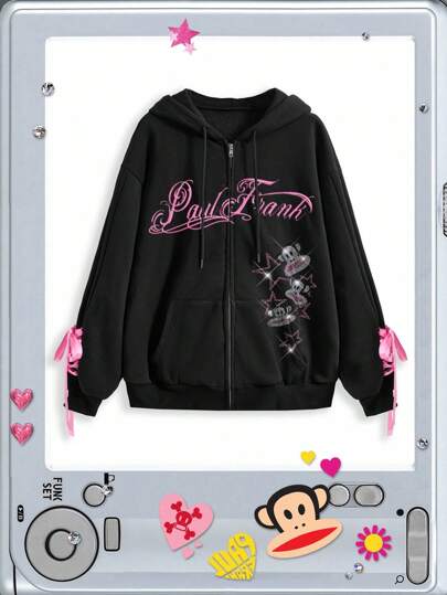 Paul Frank X ROMWE Sweat-shirt à capuche ample avec détail de laçage et strass, style chic de rue