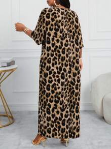 SHEIN Lady CURVE 大码 V 领长袖纯色拼接宽松休闲连衣裙长袍万圣节服装万圣节服装 - 棕色 - 查看 3