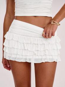 SHEIN BAE Women's Solid Color Ruched Waist Layered Ruffle Hem Fashionable Short Skirt