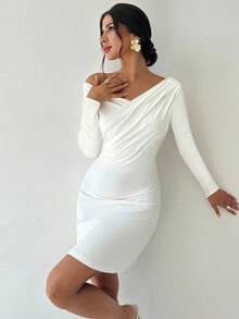 Firerie Vestido mini blanco de línea A con cuello asimétrico con volantes, elegante y minimalista, adecuado para ir al trabajo, festivales de música y vacaciones - Blanco - Ver 8