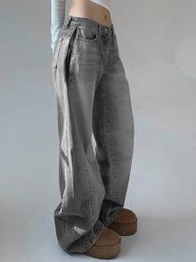 DAZY 女士口袋宽松阔腿休闲百搭牛仔裤 - 淺灰色 - 查看 3