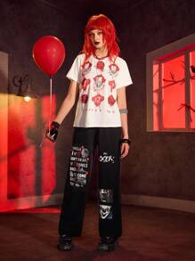 IT x SHEIN Quần cạp chun màu đen họa tiết chữ và kinh dị dành cho nữ - màu đen - Xem 7