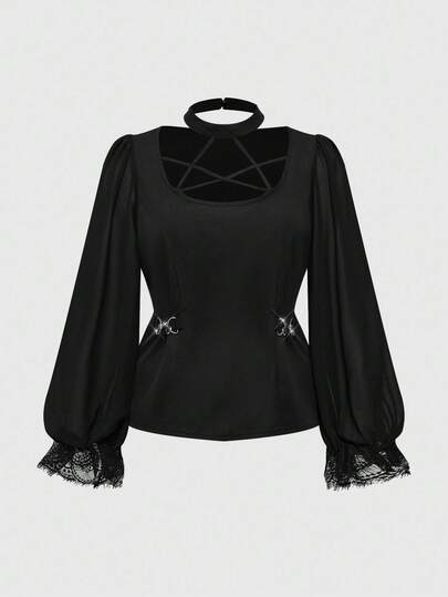 Blouse ajustée à manches bouffantes en chiffon noir avec patchwork de dentelle et bretelles gothiques évidées, grande taille, Halloween