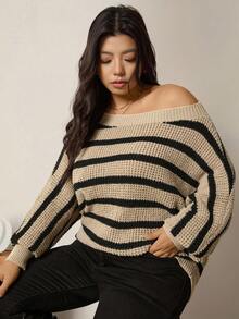 Zelara Striped Asymmetric Neck Loose Fit Plus Size Pullover Sweater Fall Clothes For Women Women's Winter Sweater Women's Winter Clothes Winter Clothes Going Out Tops Going Out Outfit Female Country Look Brown Sweater Brown Top Brown Brown Sweater Winter Clothes For Women Women's Winter Sweater Thanksgiving Outfit For Women Casual Blouses For Women