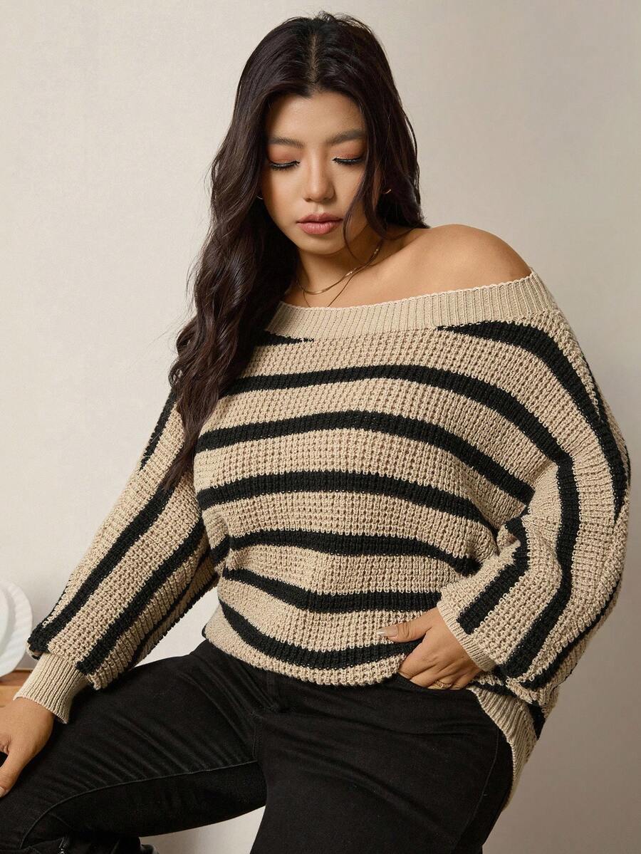 Zelara Striped Asymmetric Neck Loose Fit Plus Size Pullover Sweater Fall Clothes For Women Women's Winter Sweater Women's Winter Clothes Winter Clothes Going Out Tops Going Out Outfit Female Country Look Brown Sweater Brown Top Brown Brown Sweater Winter Clothes For Women Women's Winter Sweater Thanksgiving Outfit For Women Casual Blouses For Women