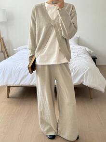 DAZY Conjunto de 2 piezas de suéter corto de cuello en V y pantalones rectos holgados, elegante conjunto casual de punto urbano para otoño - Caqui - Ver 1