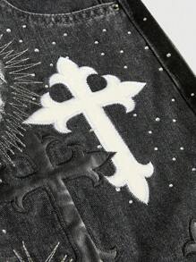ROMWE MEN Goth Pantalones cortos de mezclilla con bordado de cruz y strass para hombres - Negro - Ver 4