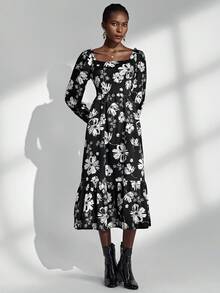 Chiquease Schwarzes romantisches Blumenkleid, Vintage französischer Quadratausschnitt, elegantes und modisches Langkleid für Frauen, Frühling/Sommer - Schwarz - Übersicht 4