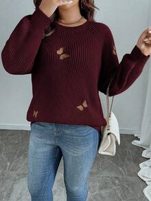SHEIN Clasi 女士纯色针织蝴蝶结刺绣花朵长袖常规优雅套头毛衣，秋冬毛衣搭配蝴蝶结蝴蝶结毛衣优雅毛衣 - 酒紅色 - 查看 6