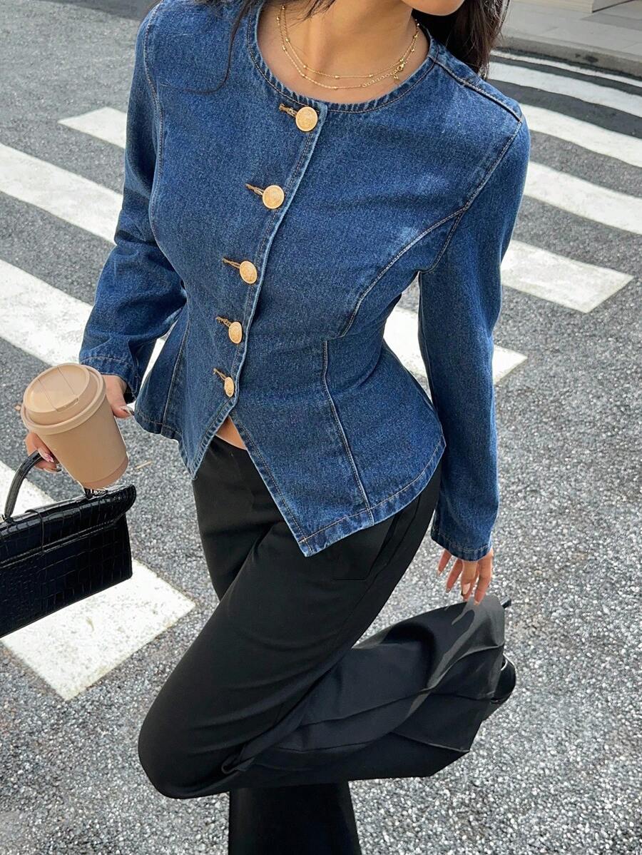 Siren Gaze Women's Blue Denim Jacket With Round Neck, Long Sleeves And Waist, Decorated With Metal Buttons, Suitable For Korean-Style Workplace Wear In Autumn Winter Casual Spring - Dark Wash - View 1