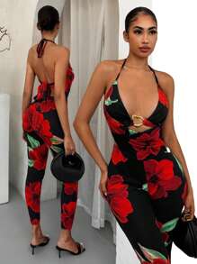 SHEIN SXY 女士优雅花卉印花金属扣吊带上衣和长裤两件套