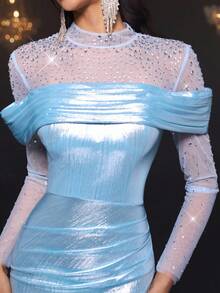 Glamrae 优雅奢华浅蓝色亮片刺绣手工亮片 3D 花立领长袖透明美人鱼正式晚礼服 - 淺藍色 - 查看 8