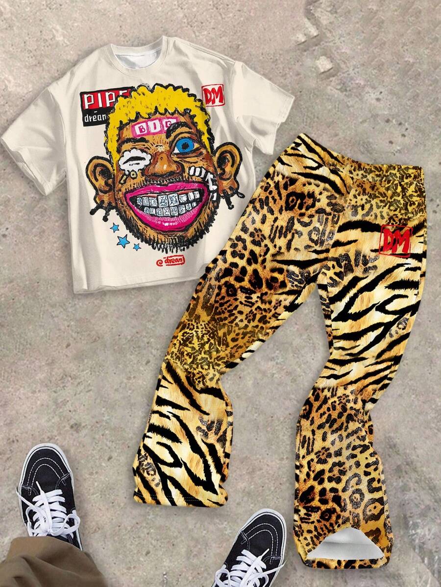 SHEIN 青少年街头服饰套装,儿童服装,青少年男孩和女孩豹纹套装,猎豹印花服装,动物印花裤套装,涂鸦肖像,老虎图案青少年男孩圆领 T 恤和喇叭裤休闲两件套西装,适合夏季 - 彩色 - 查看 1
