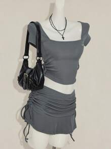 SHEIN ICON 2pcs Fall Going Out Grey Women Solid Color Square Neck Short Sleeve T-Shirt And Drawstring Waist Skirt Casual Set