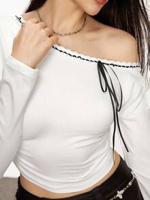 INAWLY Women's Elegant Asymmetric Collar Cropped T-Shirt, Suitable For Commuting Fall Cloth For Women - White - View 6