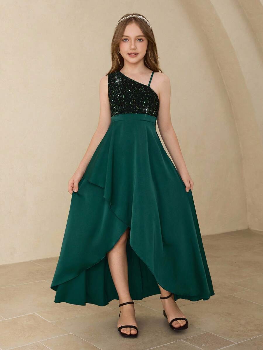 Elegantes Blumenkleid für Tween Mädchen für Abschluss, Hochzeit, Ball, tiefgrünes Satinkleid mit Pailletten, einschultrig, ärmellos, Midi-Länge für Halloween, Weihnachten, Party, Mädchen Asymmetrischer Saum, aufgeblähter Rock Prinzessinnenkleid für Schulanfang - Dunkelgrün - Übersicht 1