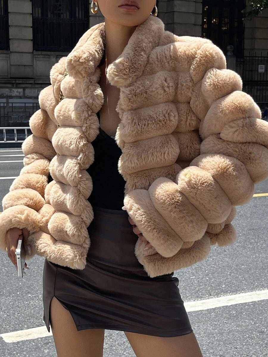 DAZY 女士宽松高领长袖休闲街头仿皮草外套，秋冬女式大衣 - 駝色 - 查看 1