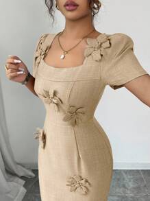 Elenzga 女式纯色方领泡泡袖中长连衣裙，带 3D 花卉装饰 - 卡其色 - 查看 5