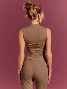 L'Amorae 女士优雅纯色无袖褶饰修身上衣