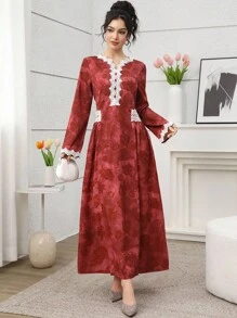 Al Najma Women's Elegant Vintage Romantic Palace Style Rose Print Tie Waist Long Sleeve Everyday Arabic Dress