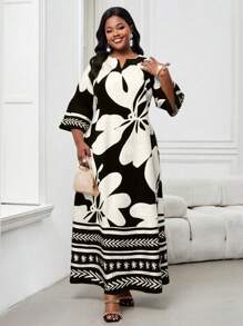 SHEIN Lady Vestido holgado de manga larga con cuello en V y estampado floral, estilo vacacional para mujer - Blanco y Negro - Ver 5