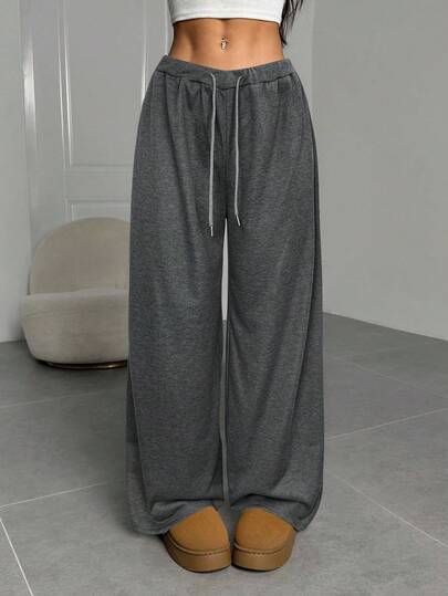 SHEIN EZwear 大码休闲灰色抽绳腰阔腿宽松运动裤