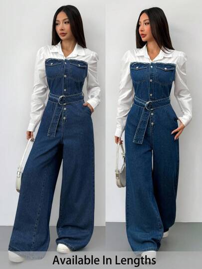 SHEIN Tall CURVE 大码夏季秋季秋季返校节万圣节圣诞节可爱街头装商务休闲女装乡村复古朴素老钱商务休闲女装工作服女士教师服装教堂服装女士纯色拼接长袖牛仔连体裤阔腿裤女士阔腿牛仔裤