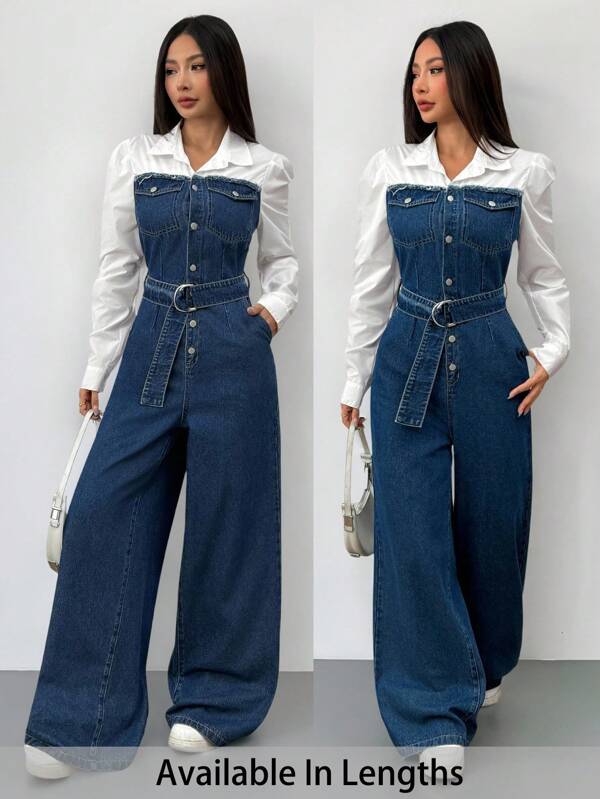 SHEIN Tall CURVE 大码夏季秋季秋季返校节万圣节圣诞节可爱街头装商务休闲女装乡村复古朴素老钱商务休闲女装工作服女士教师服装教堂服装女士纯色拼接长袖牛仔连体裤阔腿裤女士阔腿牛仔裤