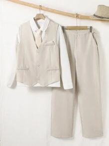 SHEIN 2 件套青少年男孩绅士风格服装，纯色撞色胸袋修身背心 + 优雅长裤，适合生日、婚礼、婚礼嘉宾、花童、戒童的正式服装 - 杏色 - 查看 5