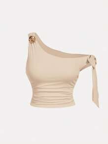 SHEIN MOD Plus Size Women's Apricot Mesh Oblique Shoulder Metal Flower Cropped Top - Khaki - View 2