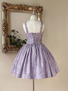 Lovelzi Váy dạ hội trang trọng chữ A ngắn không tay bằng vải satin jacquard màu tím sang trọng và thanh lịch dành cho nữ - Màu tím - Xem 4