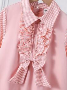 1pc Young Girl's Sweet Pink Plaid Patchwork Long Sleeve Shirt Dress,Hidden Zipper Back,Cute Ruffle Bow Dress For Party,Holiday,Autumn,Back To School - Multicolor - View 6
