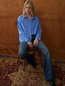 Écloséra French Retro Casual Striped Embroidered Long Sleeve Autumn Women's Loose Ladies Shirt Women's Office Wear Women's Button Shirt Women's Going Out Tops