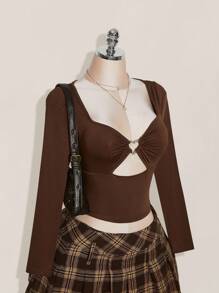 SHEIN ICON 加大码心形钻石装饰透明网眼拼接修身镂空长袖黑色T恤 - 棕色 - 查看 6