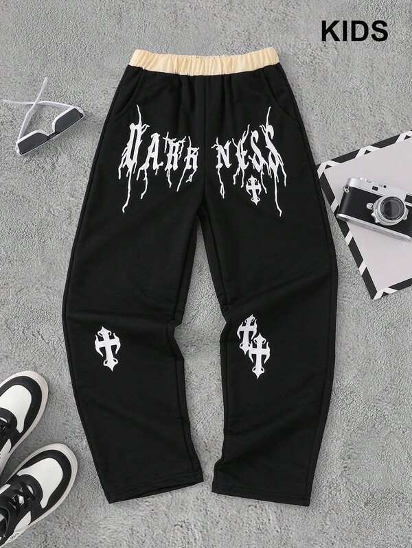 PAVTROS Pantaloni de sport casual pentru băieți Tween, cu talie elastică, cu litere imprimate