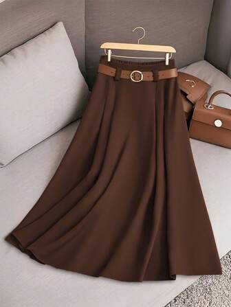 Lumivelle Spring/Summer Regular Women's Pleated Patchwork Khaki Maxi Skirt, Elegant Casual Wear For Outing, Commute, Holiday, School, Home, Versatile Fall Cloth For Women