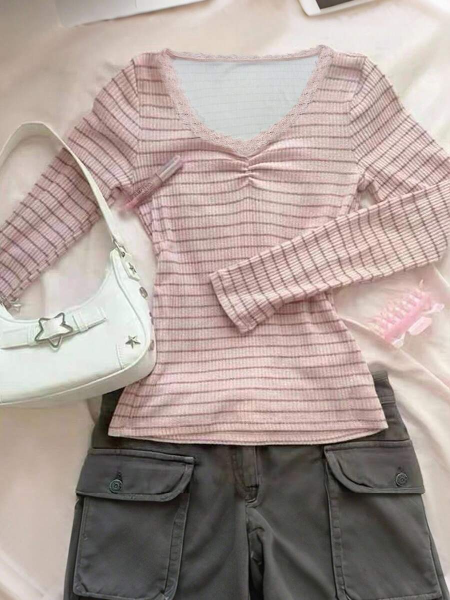 INAWLY Maglietta a maniche lunghe da donna elegante, casual e carina, con mix di righe e pizzo, adatta allo streetwear