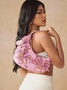SHEIN SXY 女士、女式单肩包、流浪包、粉色、刺绣亮片贴花、花朵、时尚、优雅、浪漫、简约、个性化、多功能、适合度假、节日、约会、日常、下午茶、派对、舞会、俱乐部、约会、生日、晚会、约会之夜 - 粉色 - 查看 2