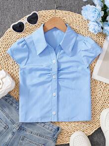 女童经典蓝色条纹短袖立领开衫衬衫 - 淺藍色 - 查看 3