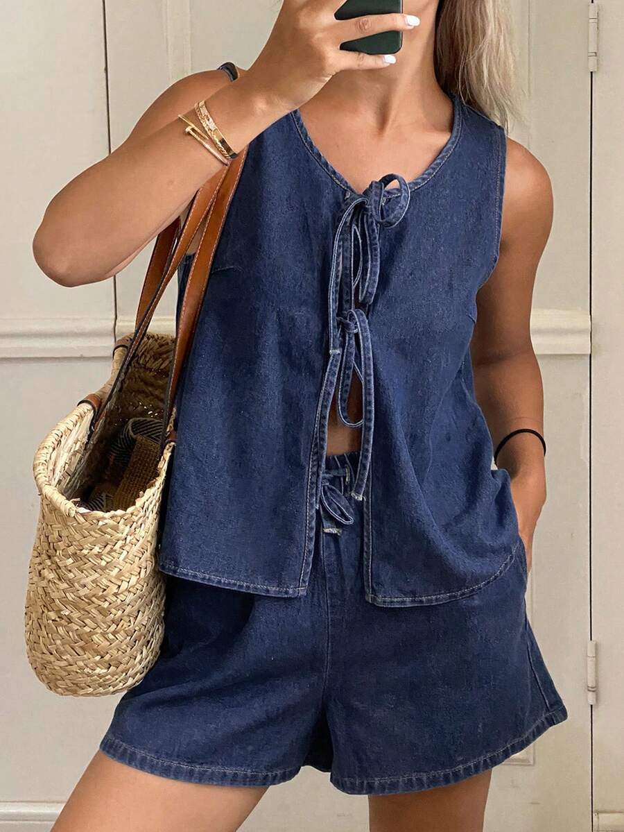 DAZY Women's Summer Round Neck Tie Front Sleeveless Top And Loose Casual Denim Shorts Set - Navy Blue - View 1