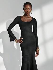 Almamuse Women's Long Bodycon Dress, Square Neck, Flare Sleeve, Black Knit Dress Fall Cloth For Women - Black - View 5