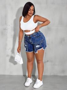 SHEIN Essnce Short en jean délavé et déchiré d'été casual grande taille - Jean brut - Voir 5