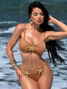 Swim SXY Women's Summer Beach Vacation Metallic Fabric Gold & Silver Starfish Wrap Tie Side Bikini Set
